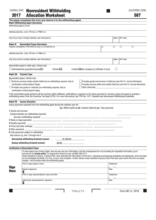 Fillable California Form 587 - Nonresident Withholding Allocation Worksheet - 2017 Printable pdf