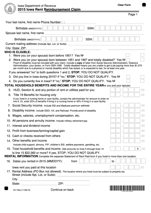 Fillable Form 54-130a - 2015 Iowa Rent Reimbursement Claim Printable pdf