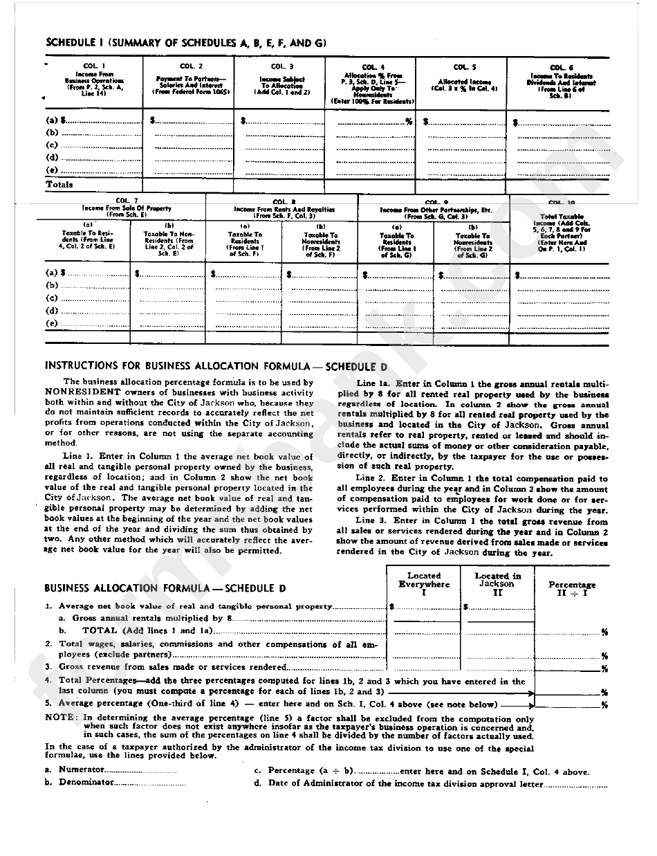 Form J-1065 - City Of Jackson Income Tax Partnership Return - 1999