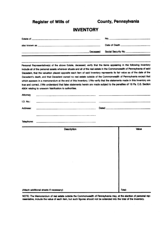 Inventory Form - Commonwealth Of Pennsylvania Printable pdf