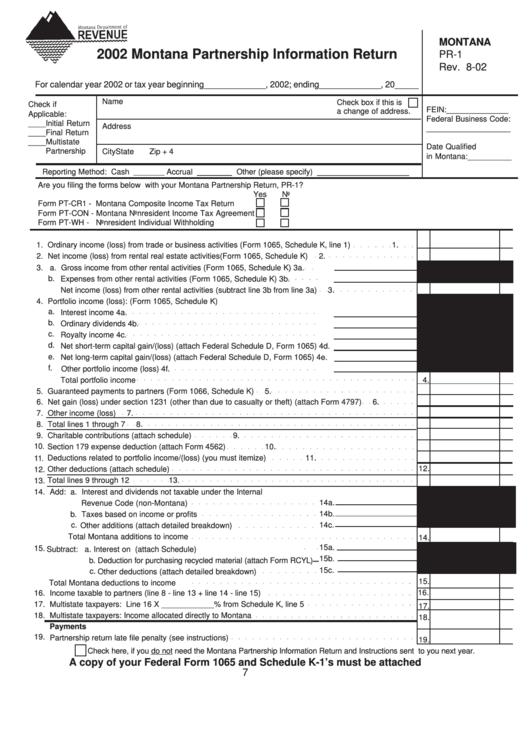 Form Pr-1 - Montana Partnership Information Return - 2003 Printable pdf
