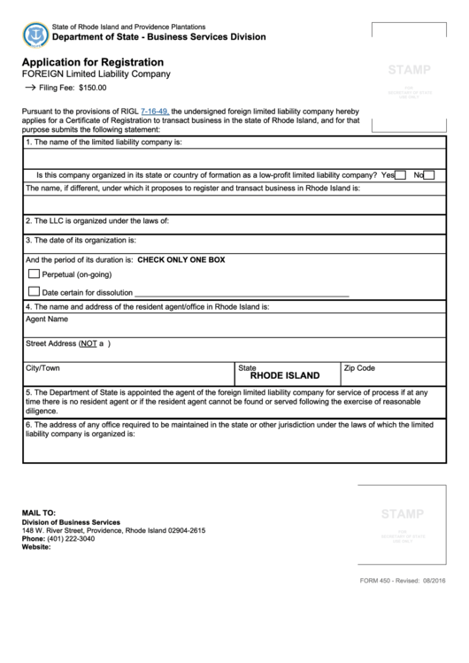 Form 450 - Application For Registration Foreign Limited Liability Company