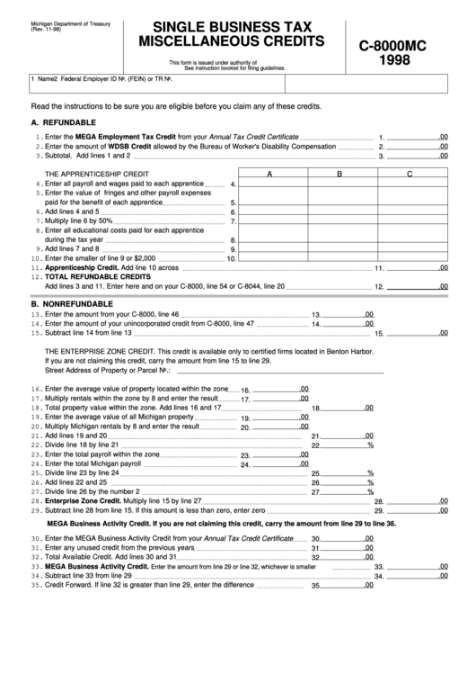 Fillable Form C-8000mc - Single Business Tax Miscellaneous Credits - 1998 Printable pdf