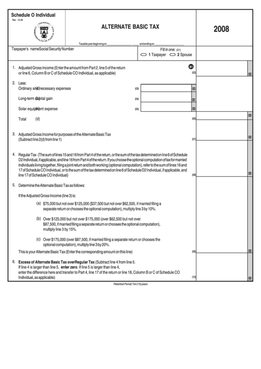 Schedule O Individual - Alternate Basic Tax - 2008 Printable pdf