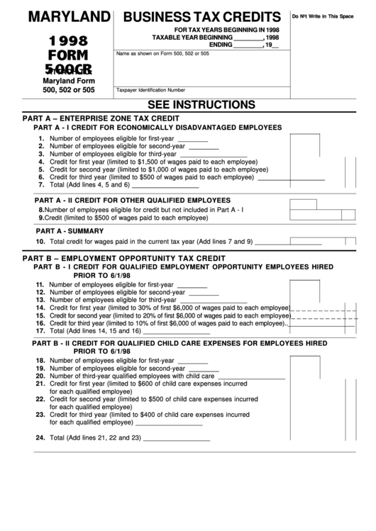 Fillable Form 500cr - Business Tax Credits - Maryland - 1998 Printable pdf