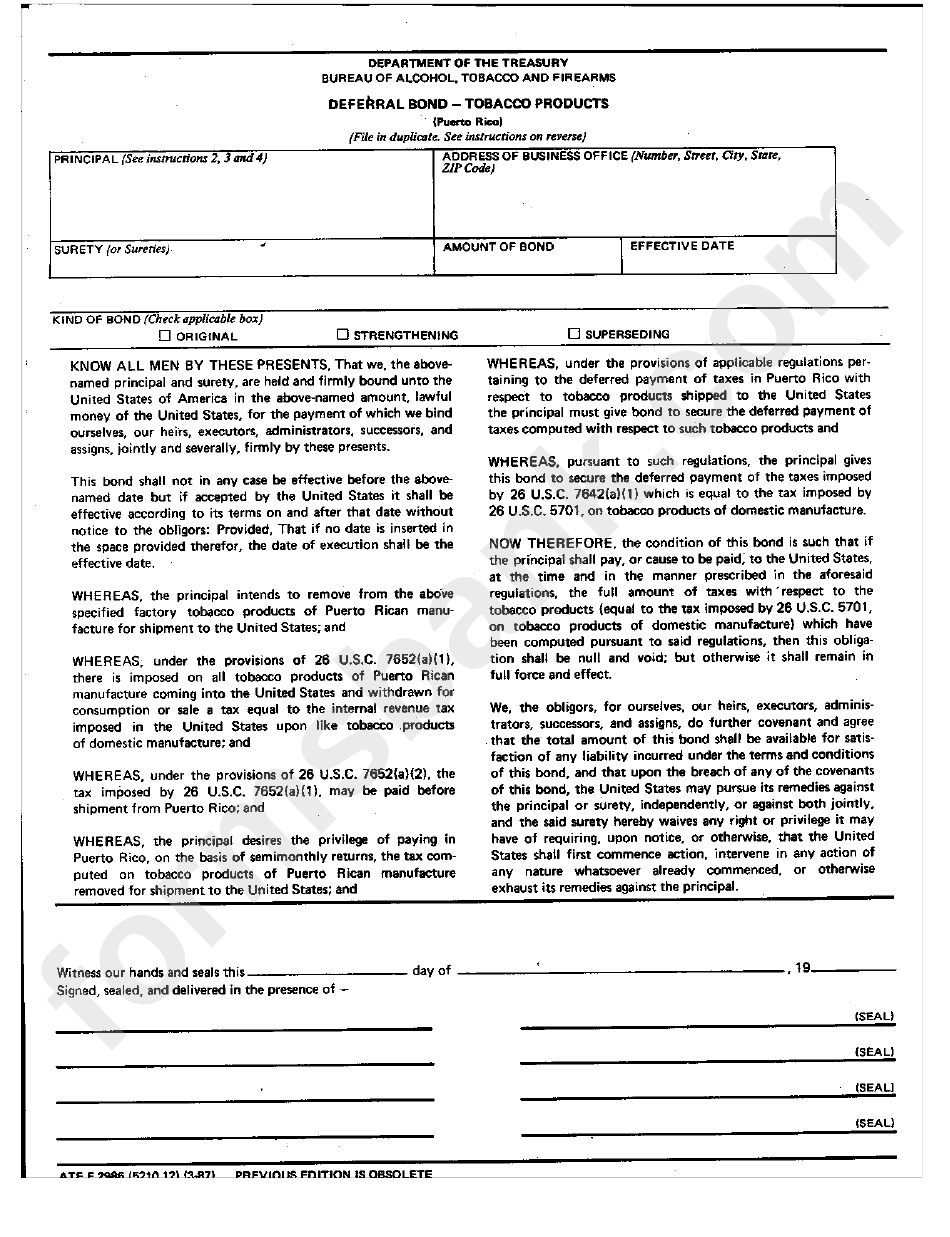 Form Atf F 2996 (5210.12) - Deferral Bond-Nobacco Products - Puerto Rico Bureau Of Alcogol, Tobacco And Firearms