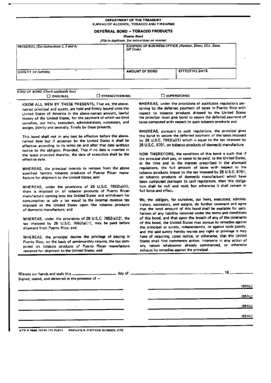 Form Atf F 2996 (5210.12) - Deferral Bond-Nobacco Products - Puerto Rico Bureau Of Alcogol, Tobacco And Firearms Printable pdf
