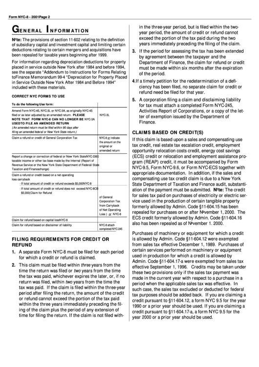 Instructions For Claims Based On Credit(S) Form Nyc-8 - 2001 Printable pdf