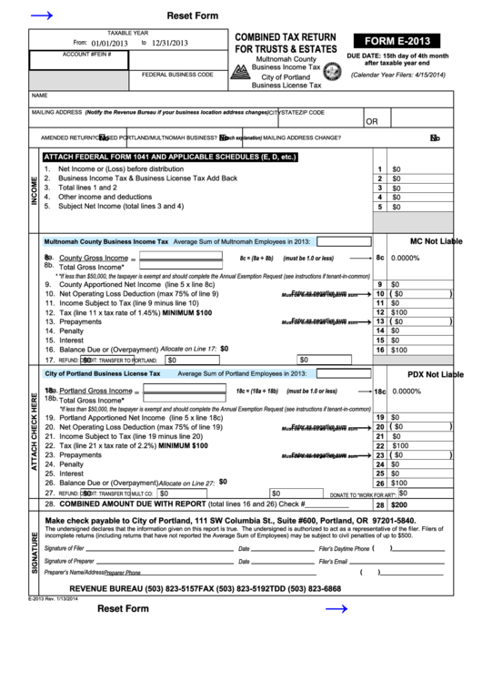 Fillable Form E-2013 - Combined Tax Return For Trusts & Estates Printable pdf