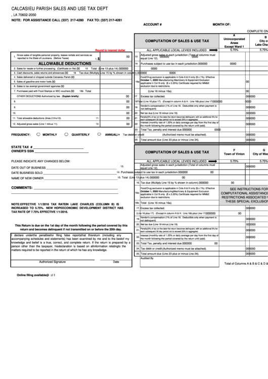 Fillable Form 012016 - Sales And Use Tax Report - Calcasieu Parish Sales And Use Tax Dept Printable pdf