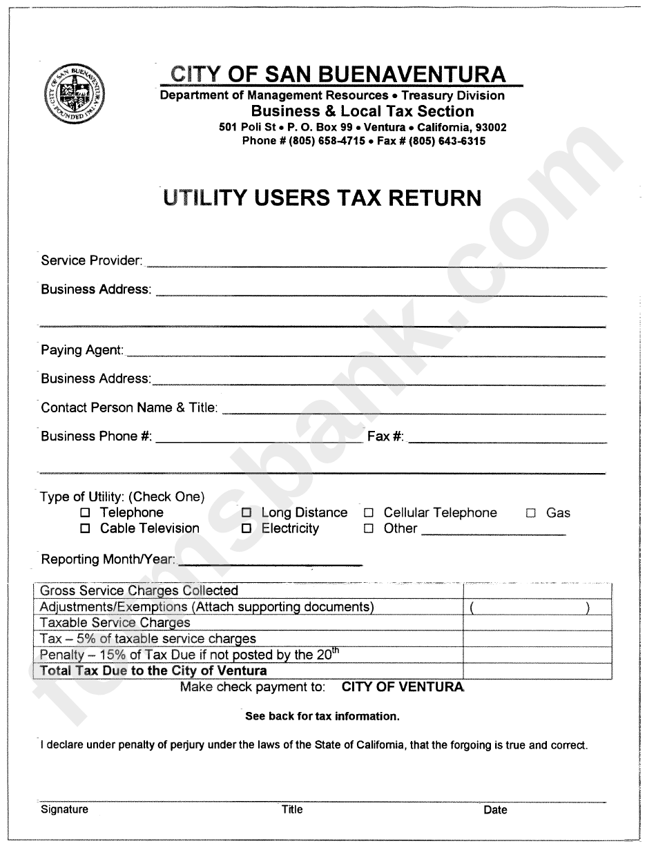 Utility Users Tax Return Form - San Buenaventura - Department Of Management Resources