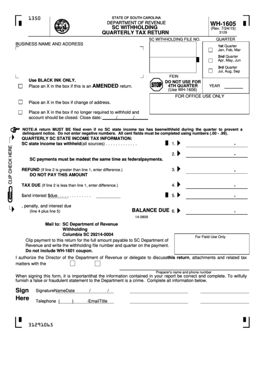 Form Wh-1605 - Sc Withholding Quarterly Tax Return Printable pdf