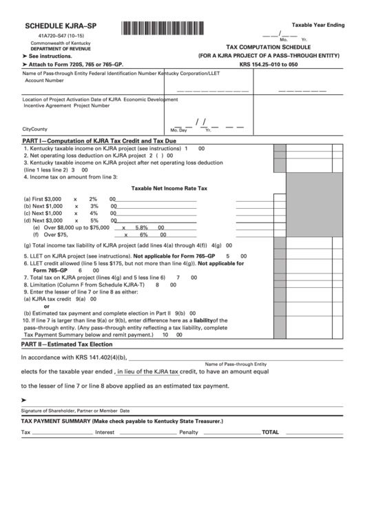 Fillable Form 41a720-S47 - Schedule Kjra-Sp - Tax Computation Schedule (For A Kjra Project Of A Pass-Through Entity) Printable pdf