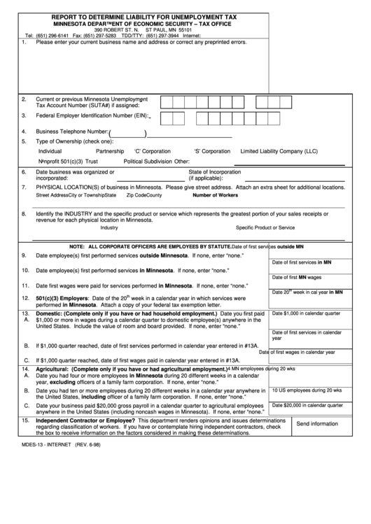 Form Mdes-13 - Internet - Report To Determine Liability For Unemployment Tax Printable pdf