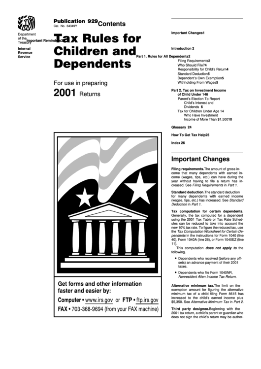 Tax Rules For Children And Dependents (2001) - Department Of The Treasury Printable pdf