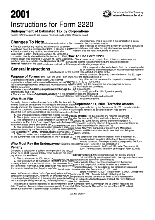 Instructions For Form 2220 - Underpayment Of Estimated Tax By Corporations - Internal Revenue Service - 2001 Printable pdf
