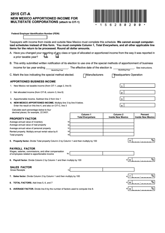 Form Cit-A - 2015 New Mexico Apportioned Income For Multistate Corporations Printable pdf