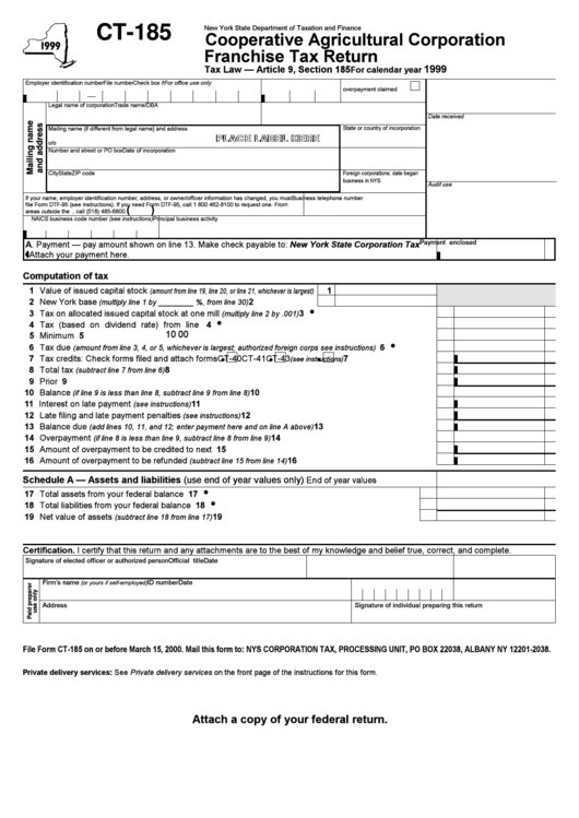 Form Ct-185 - Cooperative Agricultural Corporation Franchise Tax Return - New York Department Of Taxation And Finance - 1999 Printable pdf