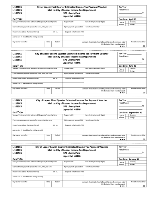 Fourth Quarter Estimated Income Tax Payment Voucher Template - City Of Lapeer Income Tax Department Printable pdf