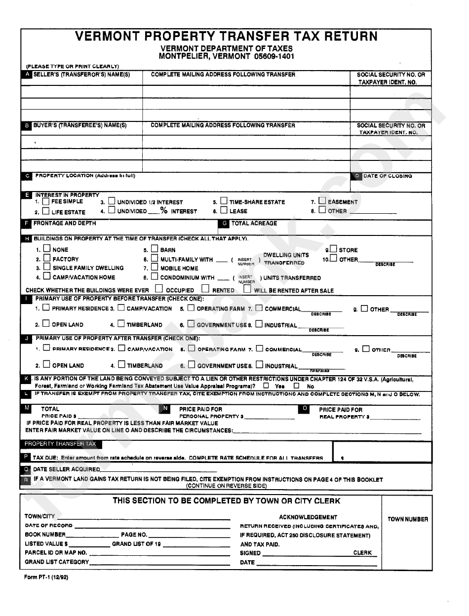 Form Pt-1 - Vermont Property Transfer Tax Return - Department Of Taxes