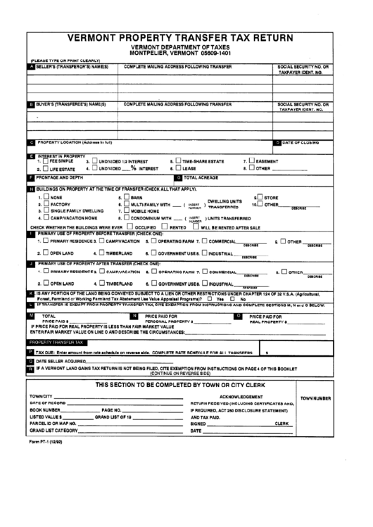 Form Pt-1 - Vermont Property Transfer Tax Return - Department Of Taxes Printable pdf