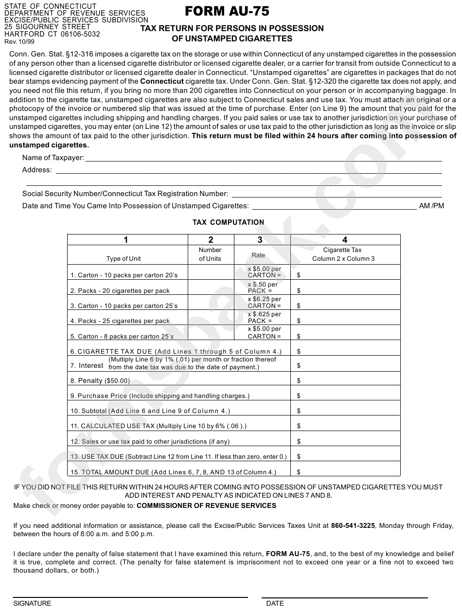 Form Au-75 - Tax Return For Persons In Possession Of Unstamped Cigarettes