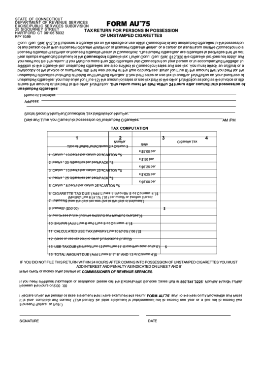 Form Au-75 - Tax Return For Persons In Possession Of Unstamped Cigarettes Printable pdf