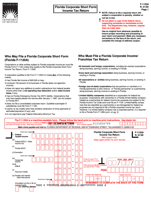 Form F 1120a - Florida Corporate Short Form Income Tax Return Printable pdf