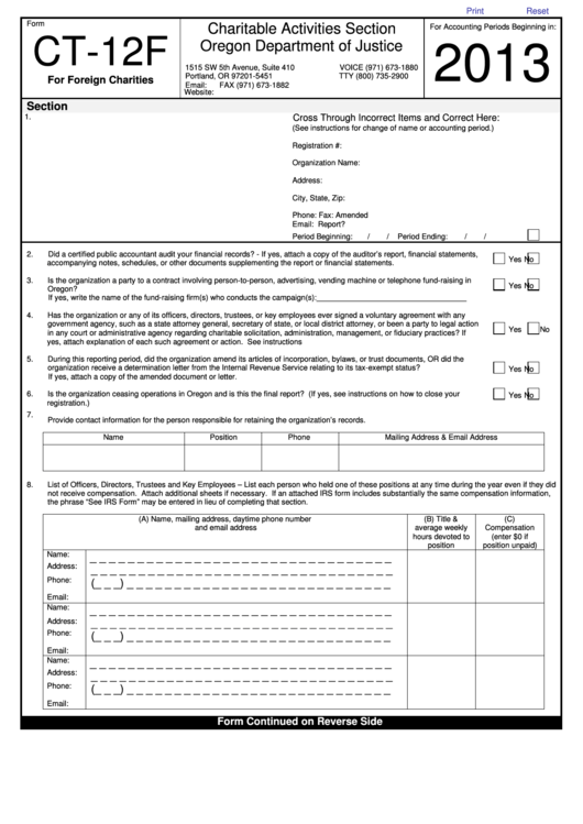 Form Ct-12f - Tax Return For Foreign Charities - 2013 Printable pdf