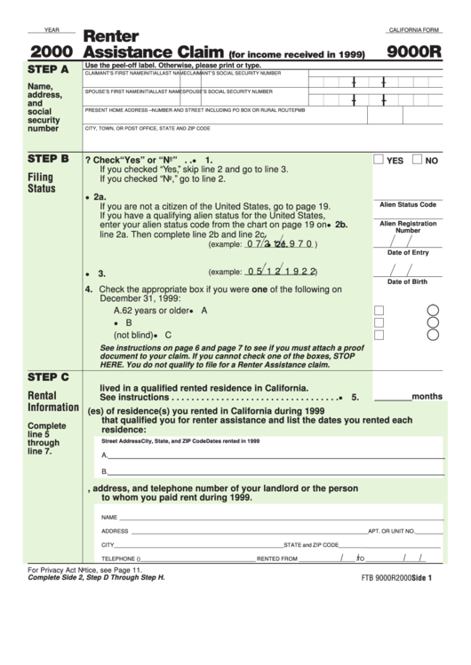California Form 9000r - Renter Assistance Claim (For Income Received In 1999) - 2000 Printable pdf