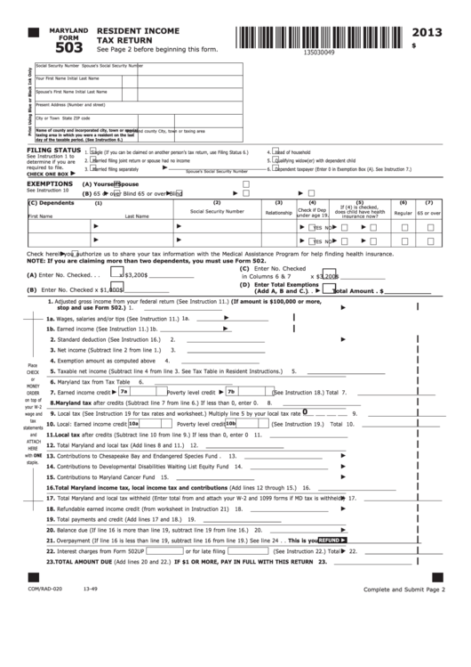 Fillable Maryland Form 503 - Resident Income Tax Return - 2013 Printable pdf