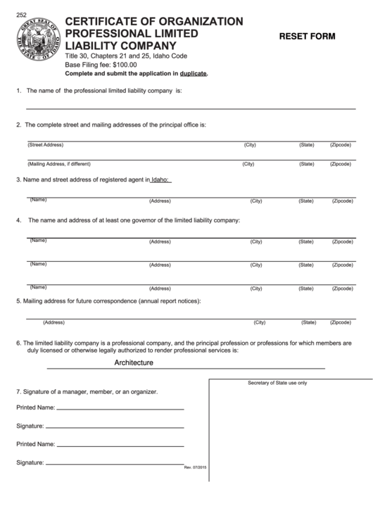 Fillable Form 252 - Certificate Of Organization Professional Limited Liability Company Printable pdf