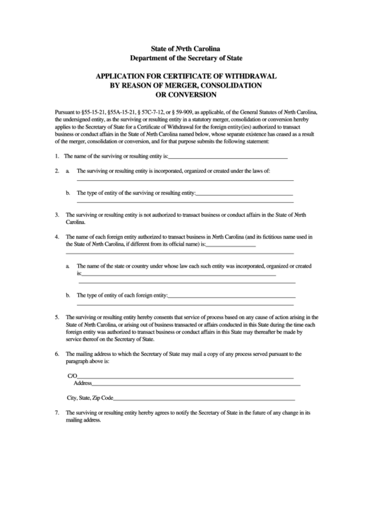 Form L-15 - Application For Certificate Of Withdrawal By Reason Of Merger, Consolidation Or Conversion Printable pdf