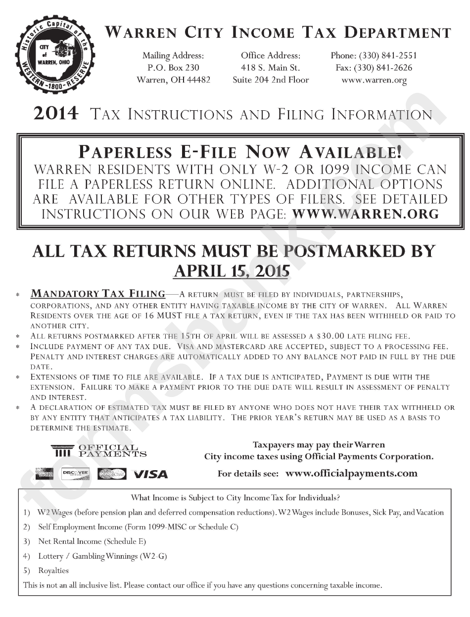 Tax Instructions And Filing Information - Warren City Income Tax Department - 2014