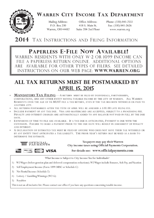 Tax Instructions And Filing Information - Warren City Income Tax Department - 2014 Printable pdf