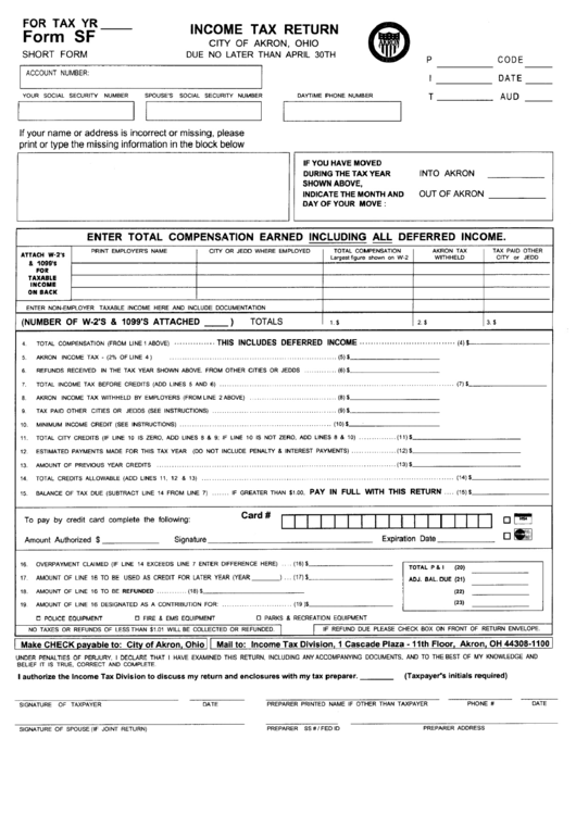 Form Sf - Income Tax Return - City Of Akron, Ohio Printable pdf