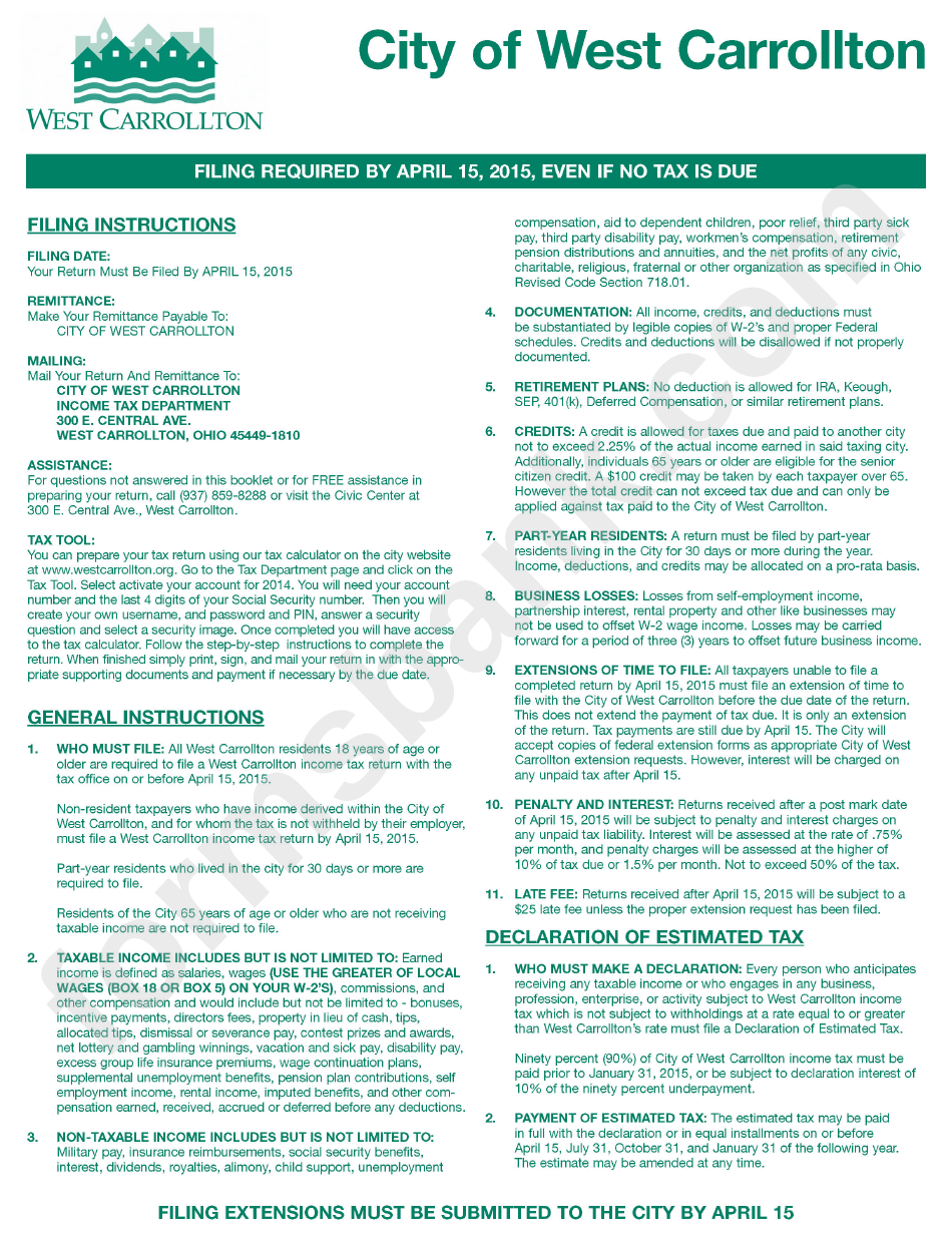 Instructions For City Of West Carrollton Income Tax Return - 2015