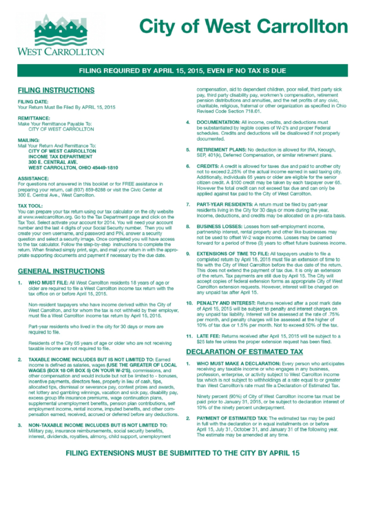 Instructions For City Of West Carrollton Income Tax Return - 2015 Printable pdf