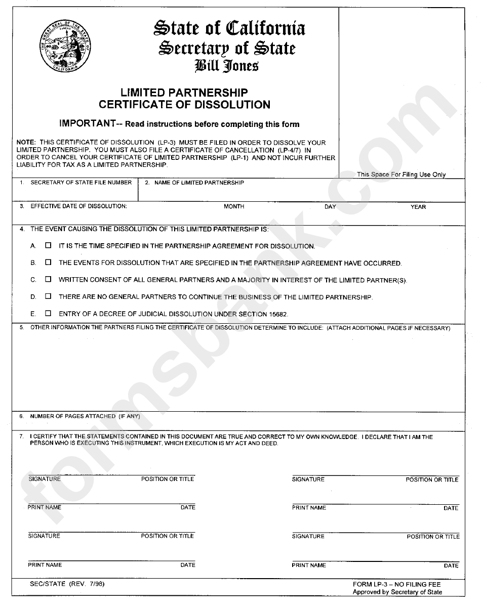 Form Lp-3 - Limited Partnership Certificate Of Dissolution - California Secretary Of State