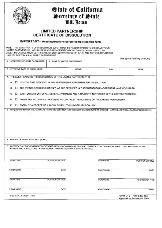 Form Lp-3 - Limited Partnership Certificate Of Dissolution - California Secretary Of State Printable pdf