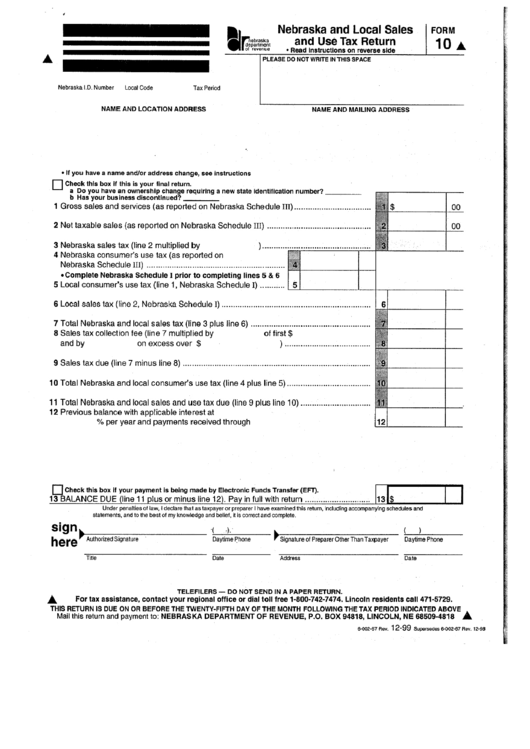 Form 10 - Nebraska And Local Sales And Use Tax Return - Department Of Revenue Printable pdf