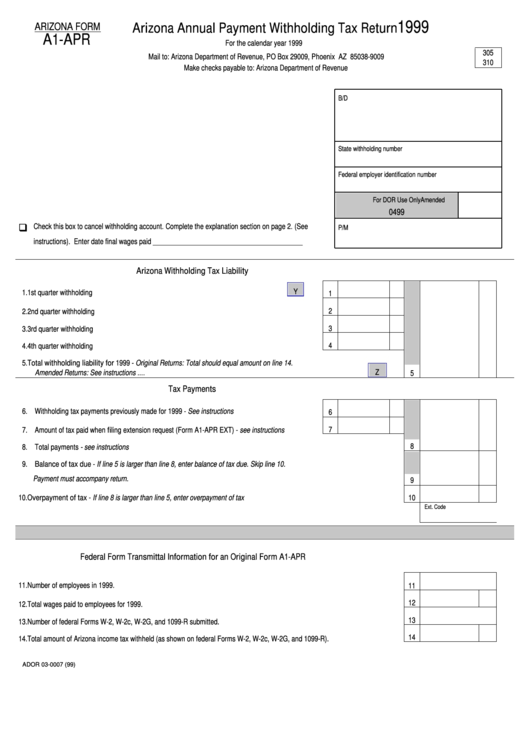 Arizona Form A1-Apr - Arizona Annual Payment Withholding Tax Return - 1999 Printable pdf