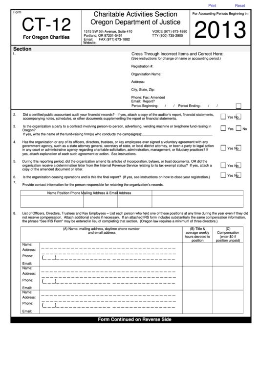 Fillable Form Ct-12 - Tax Return For Oregon Charities - 2013 Printable pdf