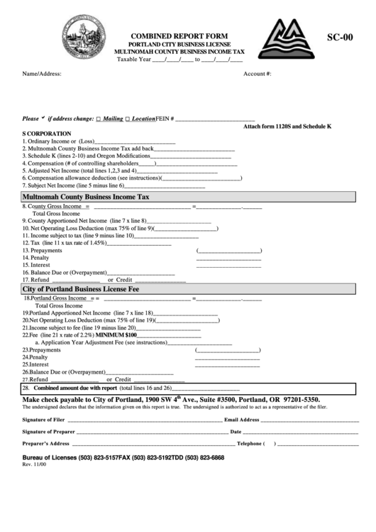 Form Sc-00 - Combined Report Form - Multnomah County Business Income Tax Printable pdf