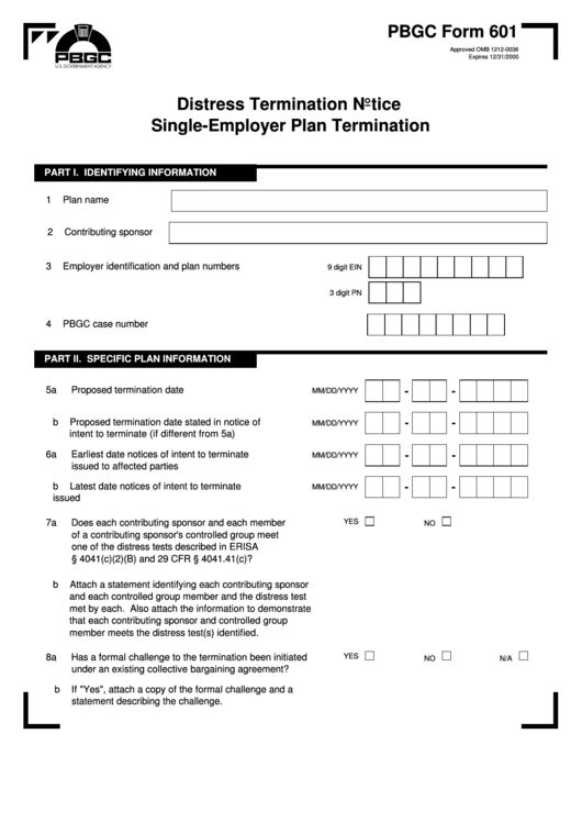 Pbgc Form 601 - Distress Termination Notice Single-Employer Plan Termination Printable pdf