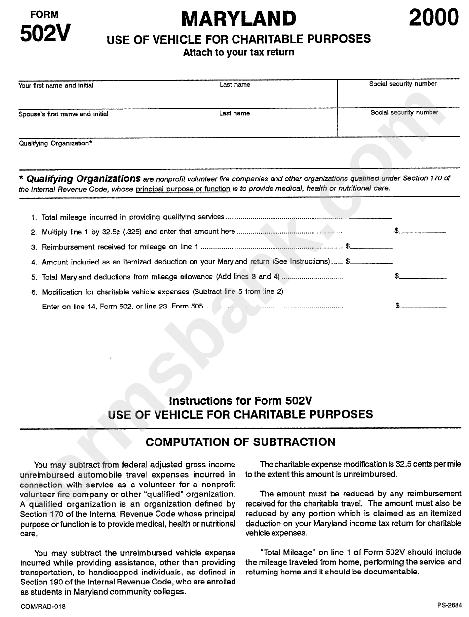 Form 502v - Use Of Vehicle For Charitable Purposes 2000