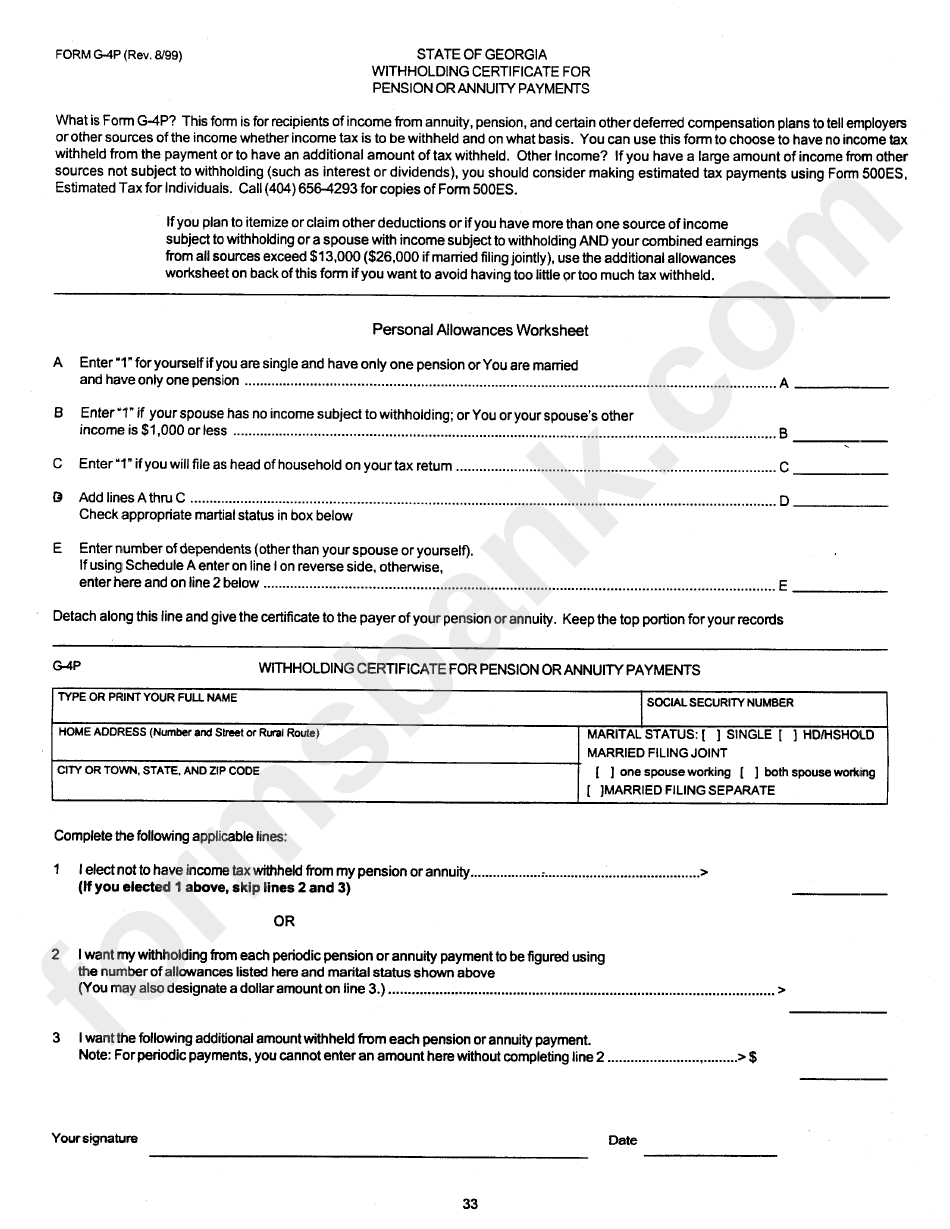 Form G-4p - Withholding Certificate For Pension Of Annuity Payments - State Of Georgia