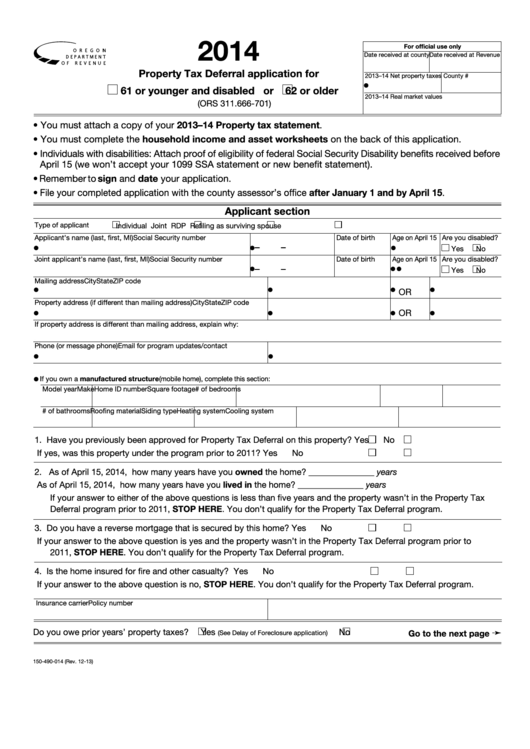 Fillable Form 150-490-014 - Property Tax Deferral Application For 61 Or Younger And Disabled Or 62 Or Older - 2014 Printable pdf