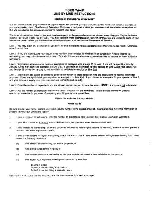 Instructions For Form Va-4p - Personal Exemption Worksheet Printable pdf