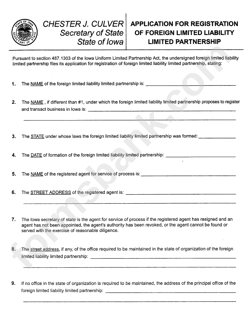 Application For Registration Of Foreign Limited Liability Limited Partnership - Iowa Secretary Of State Form